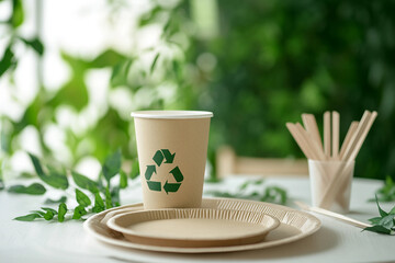 Generative AI image of eco friendly recyclable paper cup and plates with recycling symbol in sustainable green setting