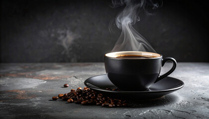 Hot coffee cup on table with steam and aroma