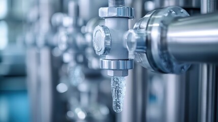 A close-up of a modern industrial valve featuring water flow, highlighting the intricate engineering and functionality of plumbing systems in urban environments.