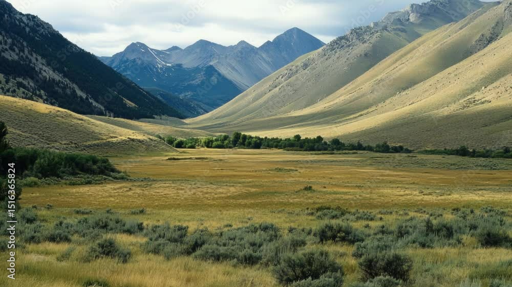Poster A vast open field with mountains in the background, suitable for use in environmental or landscape images