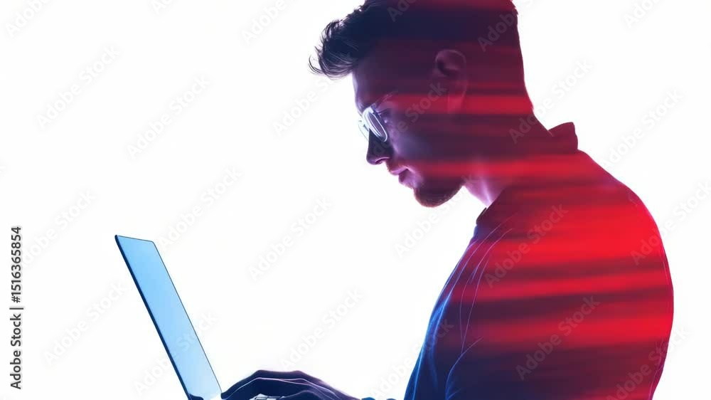 Poster a person uses a laptop computer on a white background, ideal for digital work or online learning