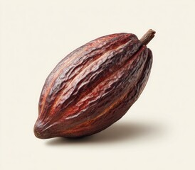 Dark reddish-brown cacao pod, slightly angled, showcasing textured skin