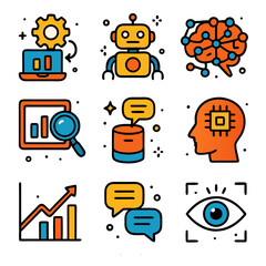 Artificial intelligence icons featuring diverse AI concepts. Suitable for tech websites, AI companies, presentations, and educational materials on machine learning.