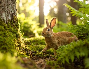 Fototapeta premium Bunny in sunlit forest