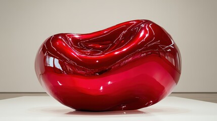 This striking glossy red sculpture features smooth curves and a reflective surface, capturing light and adding a bold element to any contemporary space or art collection.