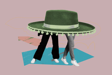 Trendy art creative full zine photo collage of two anonym female male legs bodyless mexican sombrero hat carnival summer holiday
