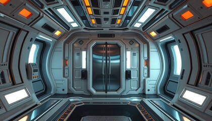 Interior view of futuristic spacecraft corridor with metallic textures clean lines and geometric accents