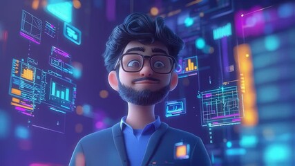 3D animated man in a confident pose with floating elements tech background - Powered by Adobe