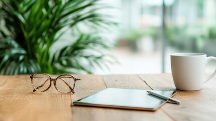 An inviting desk setup features stylish glasses, a tablet, and a cozy coffee mug, perfect for enhancing productivity and creativity in a serene environment.