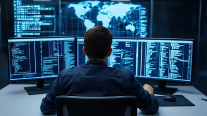 Man sits desk modern office with multiple computer monitors and screens displaying code and data, focused cybersecurity and technology operations, working dark room with world map, representing - Powered by Adobe