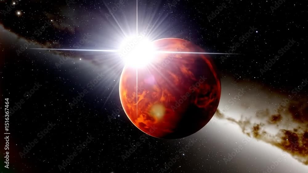 Poster cinematic rendered animation of an alien planet orbiting a distant star in a galactic setting