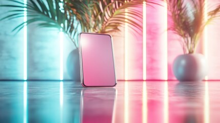 A sleek smartphone is positioned against a vibrant backdrop of neon colors, reflecting modern technology blended with artistic styles for an eye-catching visual appeal.