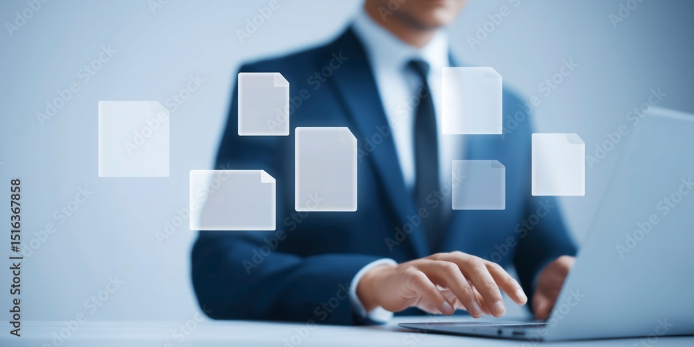 Poster businessman in formal attire working on laptop with floating document icons representing digital fil