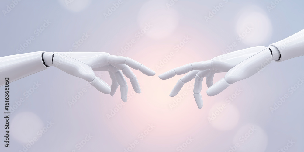 Poster robotic hands reaching out to each other in a symbolic gesture of connection and interaction on a so
