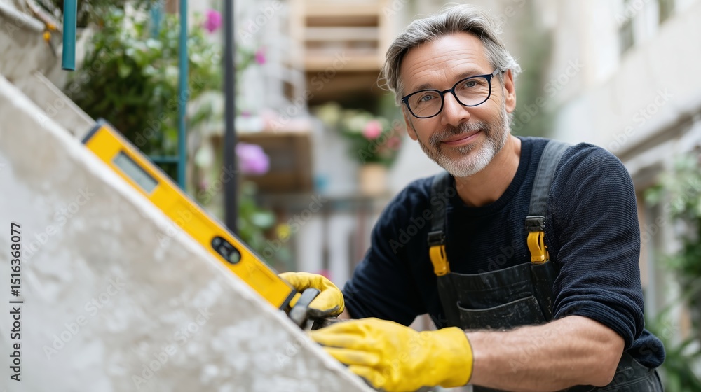 Poster skilled worker using a level tool in a modern construction space during daylight hours for home impr