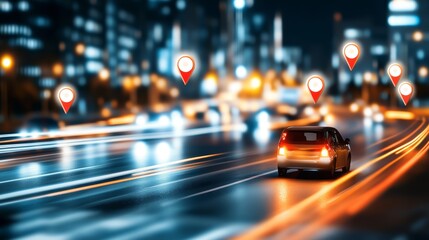 Car driving on illuminated city road with location markers indicating delivery routes and logistics