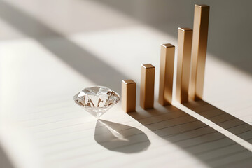 A sparkling diamond lies beside a rising gold bar chart, symbolizing growth, value, and financial success in a bright setting.