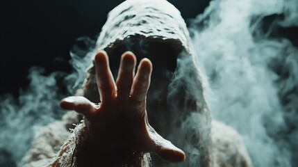 A hooded figure stands in the shadows, surrounded by billowing smoke, evoking themes of mystery and the unknown. The eerie atmosphere captures attention and evokes curiosity.