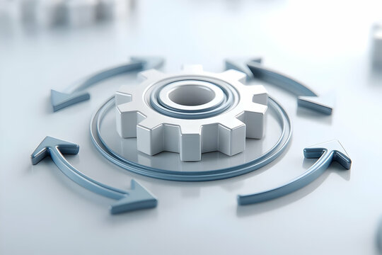 A metallic gear surrounded by circular blue arrows, symbolizing process, workflow, or automation on a glossy surface.