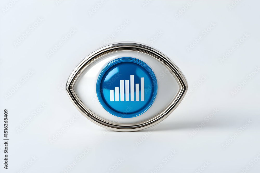 Poster a stylized eye with a blue bar chart in the center symbolizes data visualization and analytics.