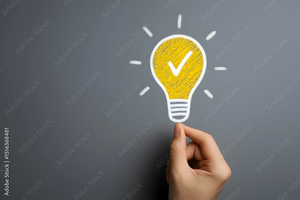 Poster a hand holds a drawn yellow lightbulb with a check mark, symbolizing a bright idea or solution on a 