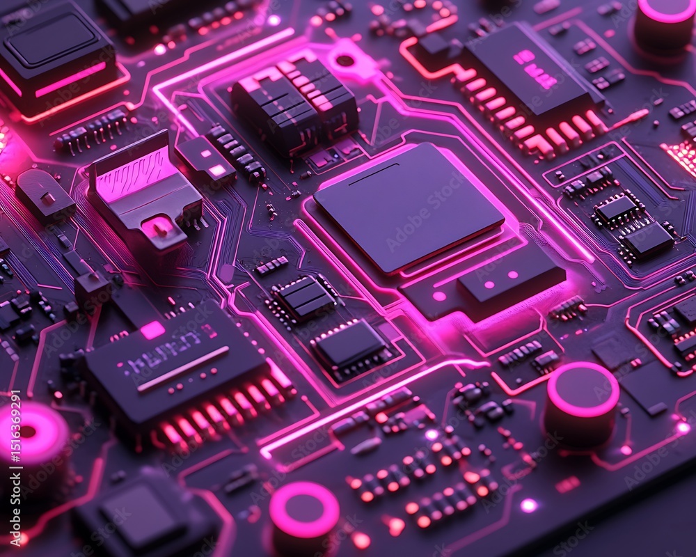 Poster an abstract and detailed image of a futuristic circuit board design