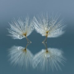 Delicate dandelion seeds,  mirrored beauty.  Close-up view of two dandelion seeds with water droplets, reflecting perfectly on a surface