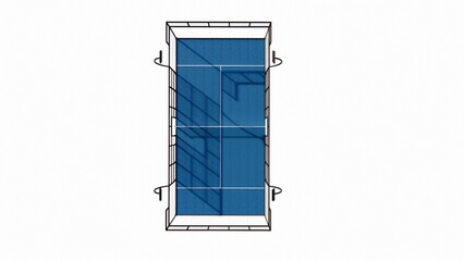 Top view of a blue indoor paddle tennis court with modern railing and shadows. Minimalist and clean design suitable for sports concepts, architecture, or urban recreation themes.
