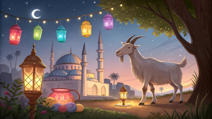 Eid ul adha mubarak theme a goat is standing with a lot of islamic lantern lights in different colours around it behind beautiful view of mosque view and dark night with stars , Generative AI