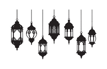 Obraz premium Elegant Collection of Hanging Ramadan Lanterns Black Silhouette Vector Illustrations