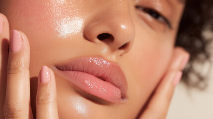 Close-up portrait of a young  woman with a cheerful expression and radiant skin, showcasing a natural skincare routine at home