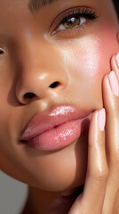 Close-up portrait of a young Latina woman with a relaxed expression and glowing skin, showcasing a natural skincare routine at home