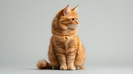 A domestic orange cat in a sitting position, with its tail wrapped around its body, isolated against a neutral background