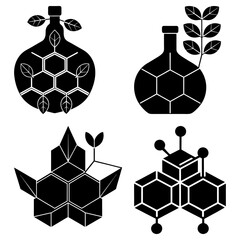 Obraz premium Four black and white science icons featuring flasks, molecules, and leaves in a symmetrical arrangement