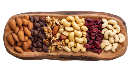 Assorted Nuts and Dried Fruits on a Wooden Platter Display