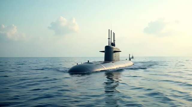 Submarine gliding through calm waters under a vast sky during early morning hours