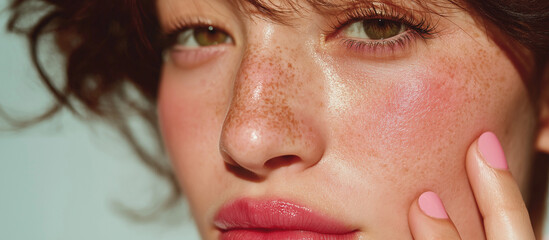 Close-up portrait of a young  woman with a confident expression and radiant skin, showcasing a natural skincare routine at home