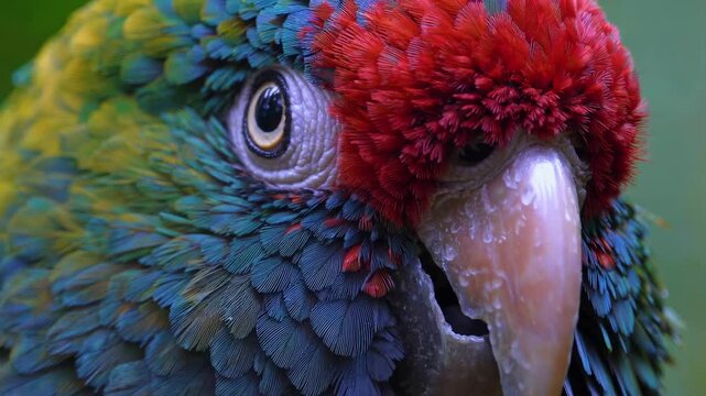 An emerald parrot eye gazes beyond shimmering feathers. Texture reveals secret hues as the parrot eye studies light and the living pattern around the curious parrot eye. Concept macro wonder.