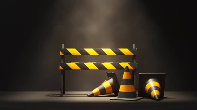 Orange black Traffic cones and barrier under flashing light on black background. Safety warning, under construction or coming soon symbol. 3d render loop