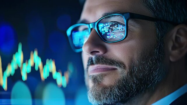 Businessman with glasses analyzing digital stock market data and financial chart reflection, focused technology and finance analysis, digital data, modern office and blue background, confident