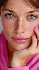 Close-up portrait of a young  woman with a thoughtful expression and radiant skin, showcasing a natural skincare routine at home