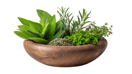 Fresh Herbs in Wooden Bowl for Cooking and Culinary Decoration