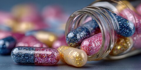 Colorful glitter capsules spilling from a glass jar onto a textured surface, showcasing vibrant hues and intricate designs, representing health and wellness concepts in a creative manner
