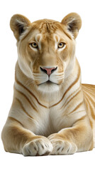 Obraz premium Majestic lioness lying serenely with captivating golden eyes