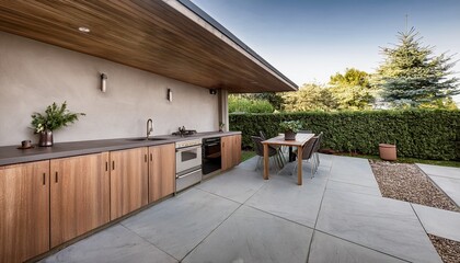 Fototapeta premium minimalist outdoor kitchen with wood cabinets and concrete patio