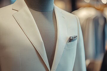Close-up of a white suit jacket with pocket square on a gray mannequin. Suits for business, prom, or wedding fashion concepts and apparel advertising.