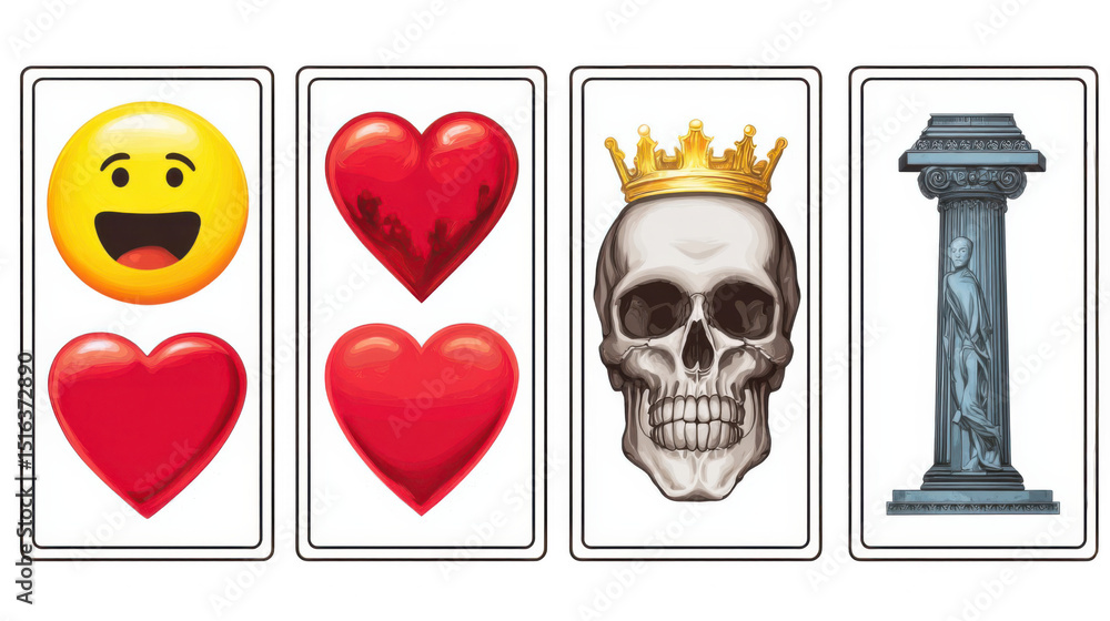 Poster four playing cards showing a smiley face, two red hearts, a skull with a golden crown and a column w
