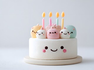 Birthday cake with a smiling face and small, cute animal - shaped decorations, along with lit candles.