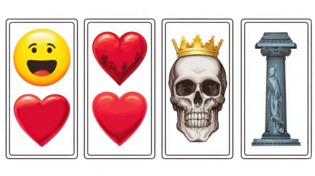Four playing cards showing a smiley face, two red hearts, a skull with a golden crown and a column with a statue, are displayed on a transparent background, creating a unique and intriguing visual