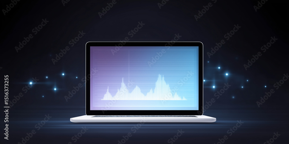 Poster laptop computer displaying sound wave graph on screen with glowing particles in dark background digi